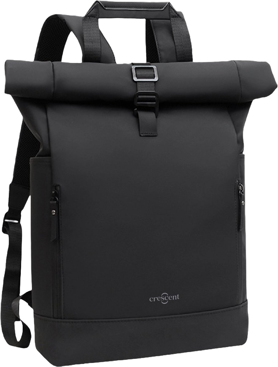 Crescent-Sambre Rolltop Stijlvolle Zwarte Rugzak voor Unisex - Waterbestendig, Gemakkelijke Haaksluiting, Veelzijdig voor Reizen, Werk, School en Dagelijks Gebruik