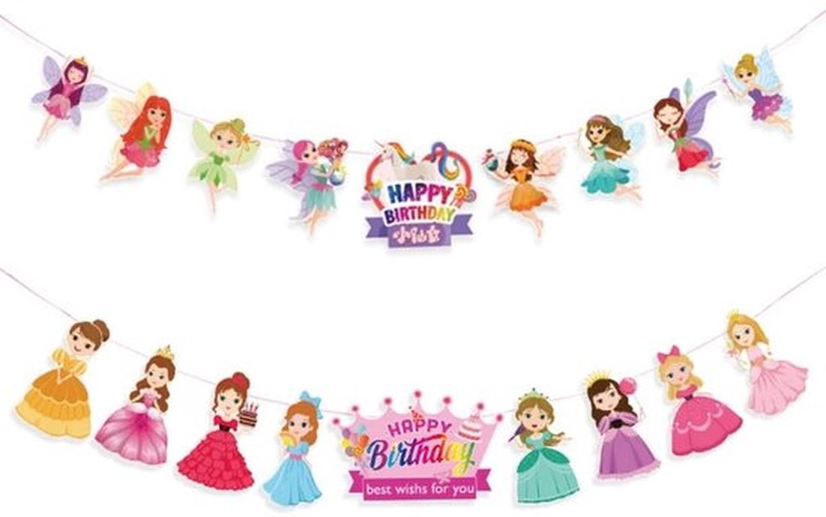 Prinsessenverjaardagsbanner 3 Meter - Feeënbanner - Vlaggenlijn - Feestdecoratie - Meisjesdecoratie - Inclusief Wit Lint - Feestbanner