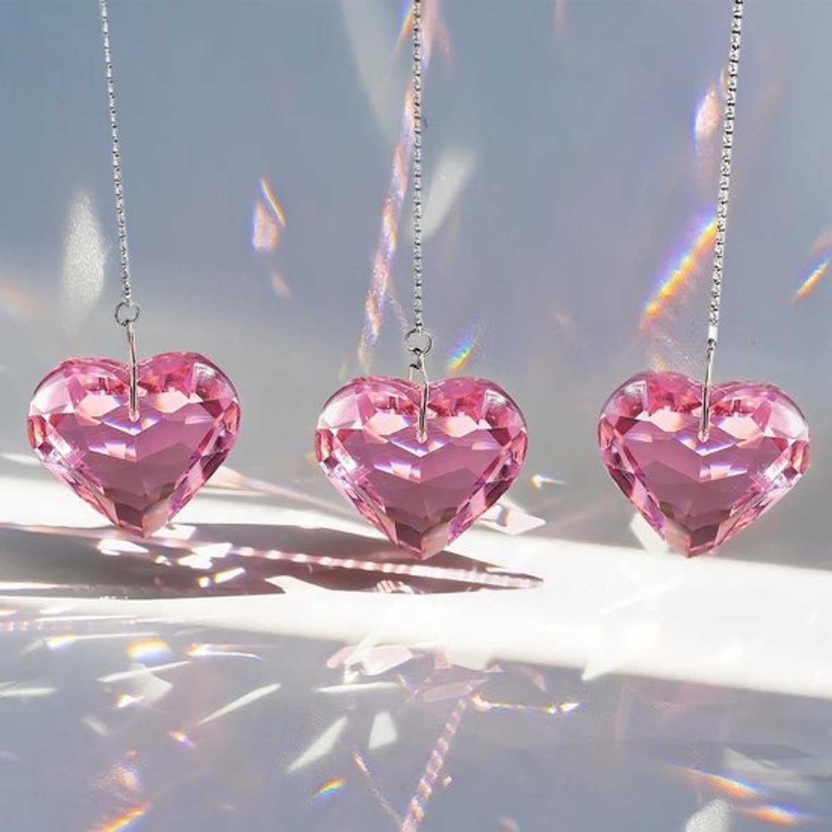 Kristal Zonneslinger - Set van 3 - Roze Hartvormige Raamdecoratie - Perfect voor Feestdagen - Voor Tuin & Huis