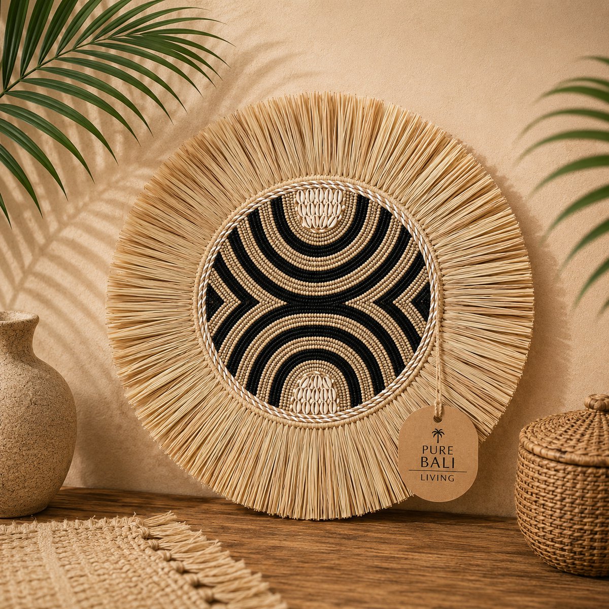 Wanddecoratie Bali – Zwart Beige Bogen met Schelpen – Handgemaakt wandbord 45 cm – Pure Bali Living