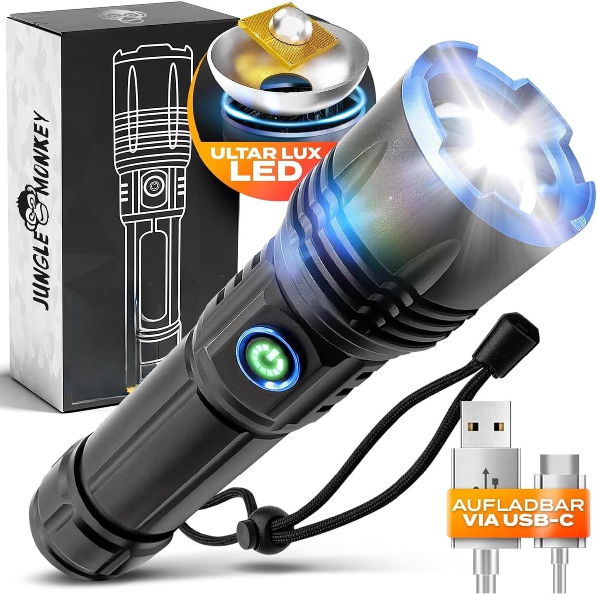 Militaire zaklamp - Zwart - 16,5 cm - Oplaadbare LED Zaklamp met USB-C - Compact en Robuust voor Outdoor Gebruik