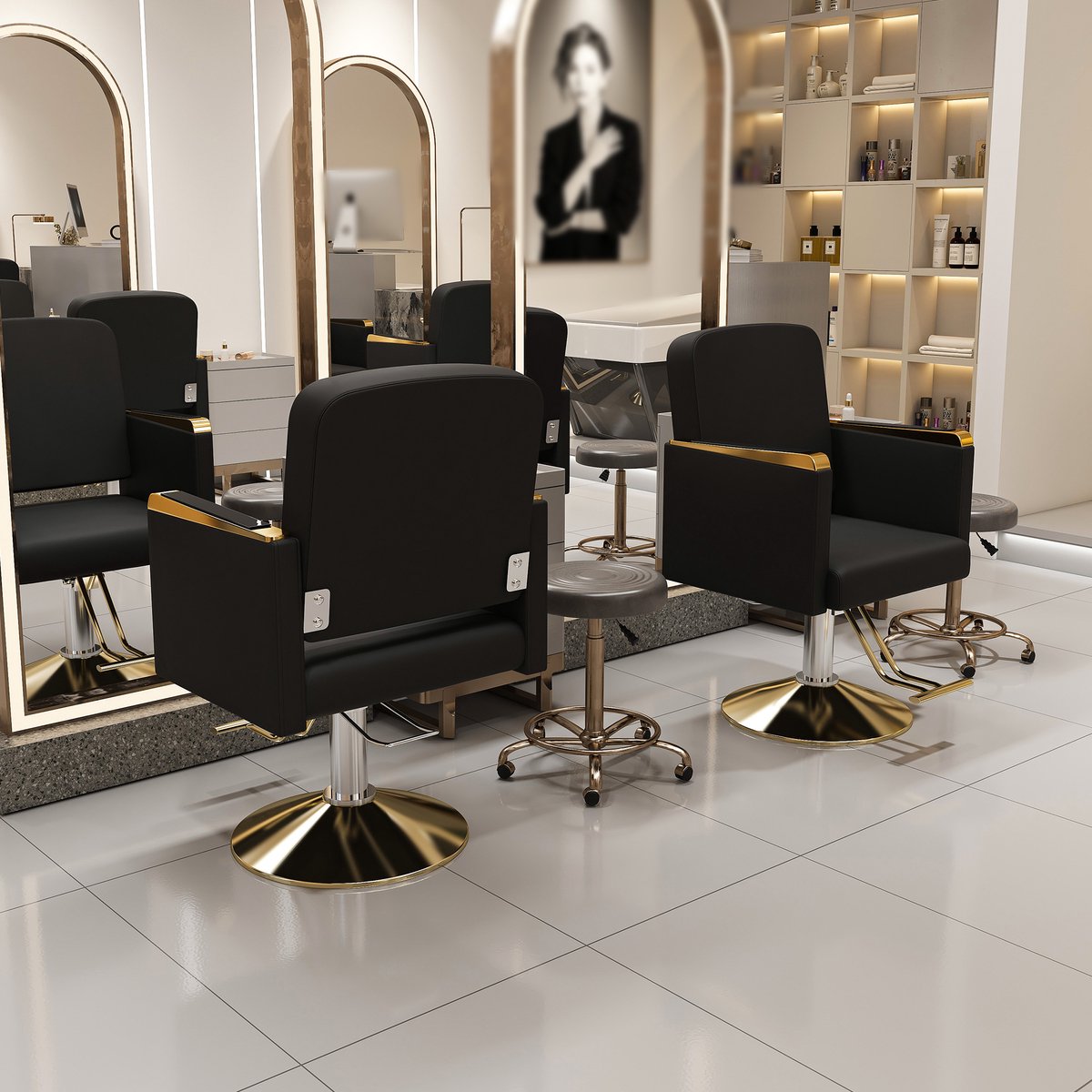 MIVRAY Fauteuil 90 62 90 Cm Hydraulisch Verstelbaar En 360 Graden Draaibaar Voor Salon Tattoo En Balie Metaal Zwart Goud