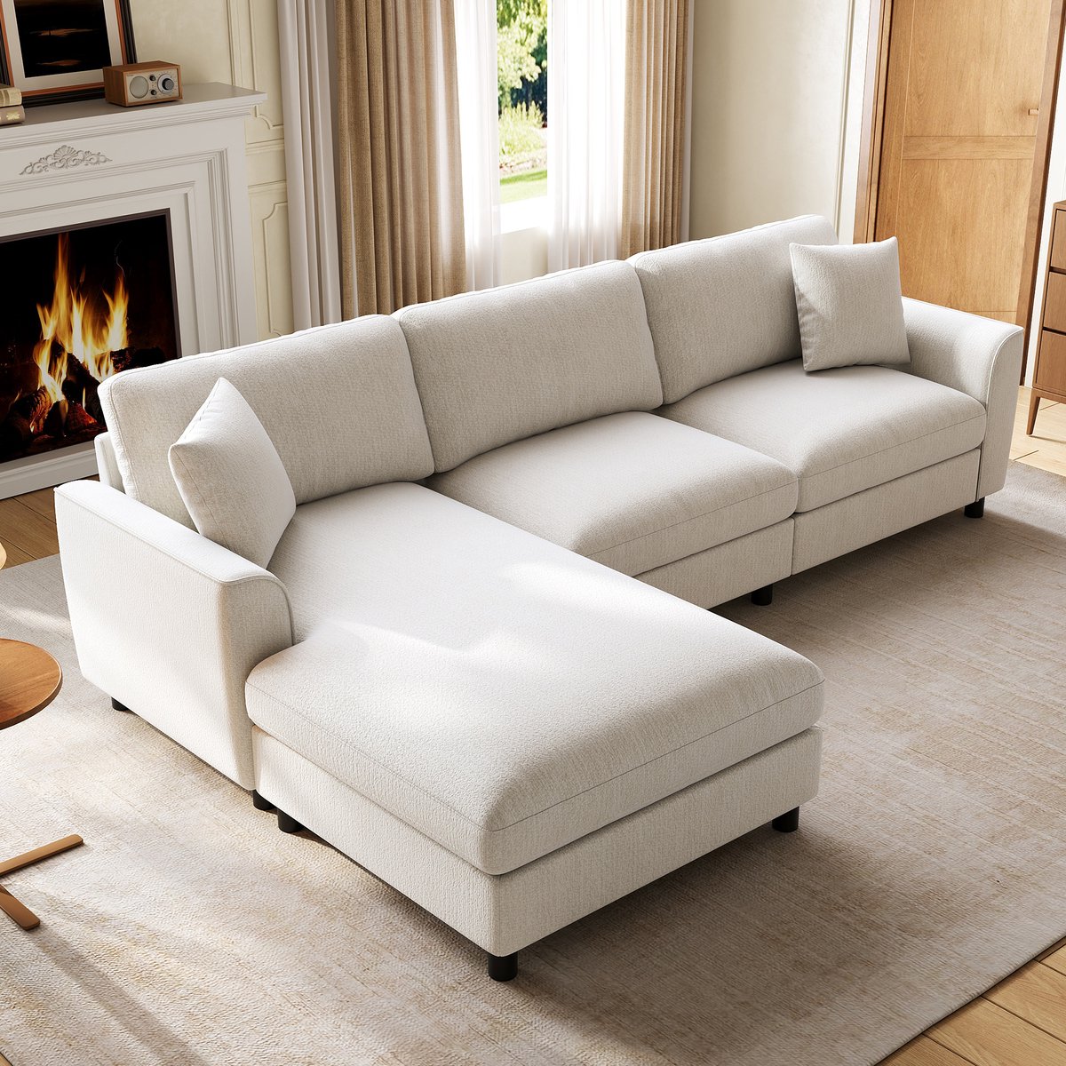 MIVRAY Hoekbank 256 x 137 x 79 cm - Omkeerbare Chaise Longue Met 90 cm Ligvlak - Voor Woonkamer - Chenille Beige - 3-Zits