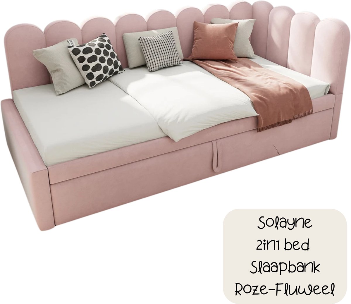 Solayne Bed - Slaapbank - Kinderbed - Logeerbed - 2in1 Multifunctionele Slaapbank - 2 persoons - Sofa bed - Fluweel Roze
