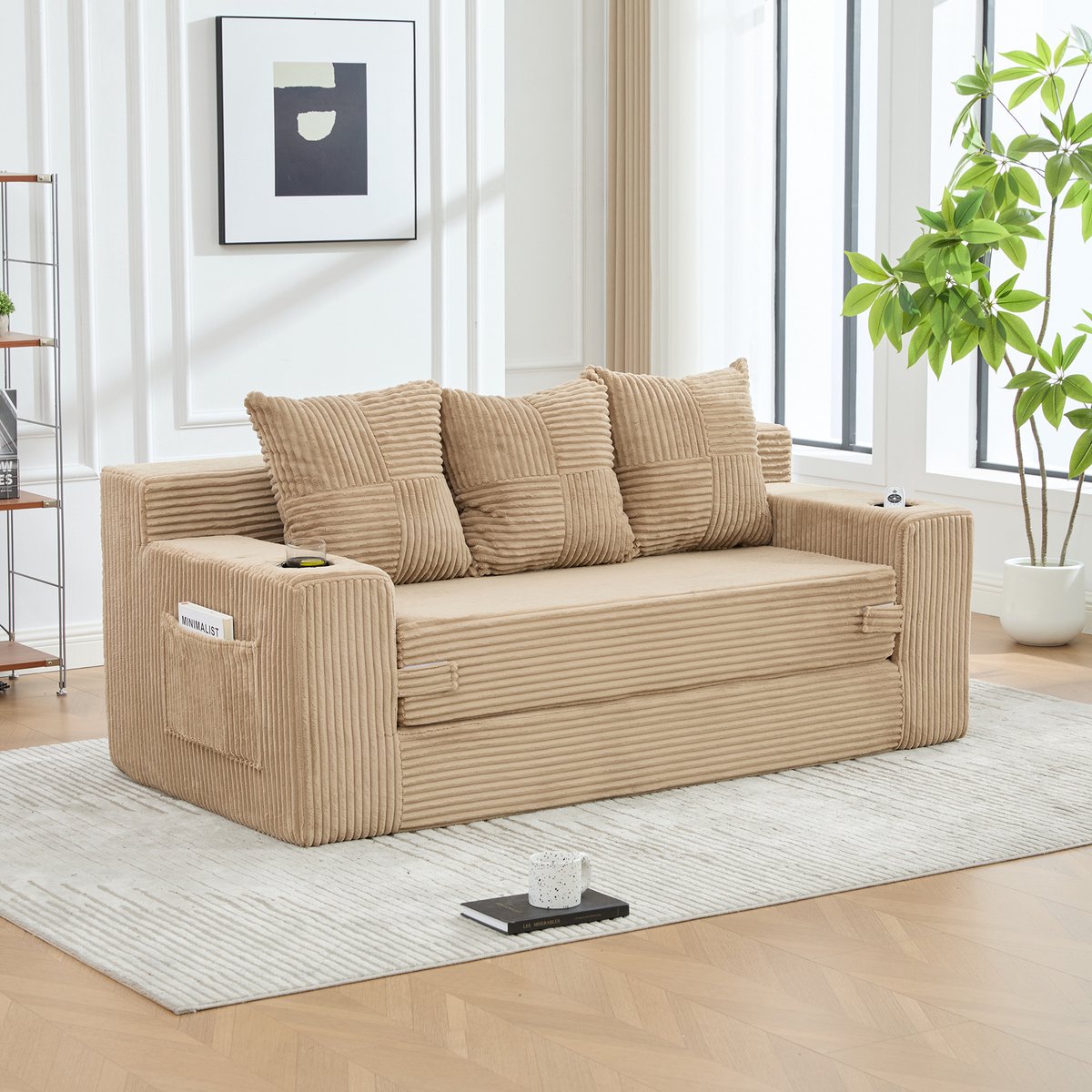 MIVRAY Bank 3-Zits 172 X 87 X 64 Cm - Modulair Met Bekerhouder En Zijvak - Voor Woonkamer En Studio - Corduroy - Khaki