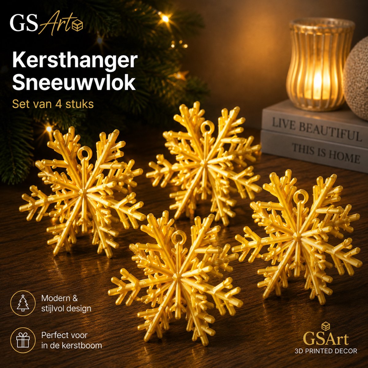 GSArt Kersthangers Sneeuwvlok – Set van 4 stuks - Zijde Goud