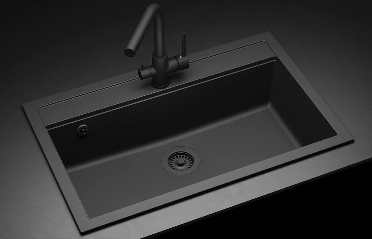 Inbouw granieten spoelbak Gurari SQQ103-601 Full Black, zwart, incl. sifon, 795 × 505 mm, enkele spoelbak