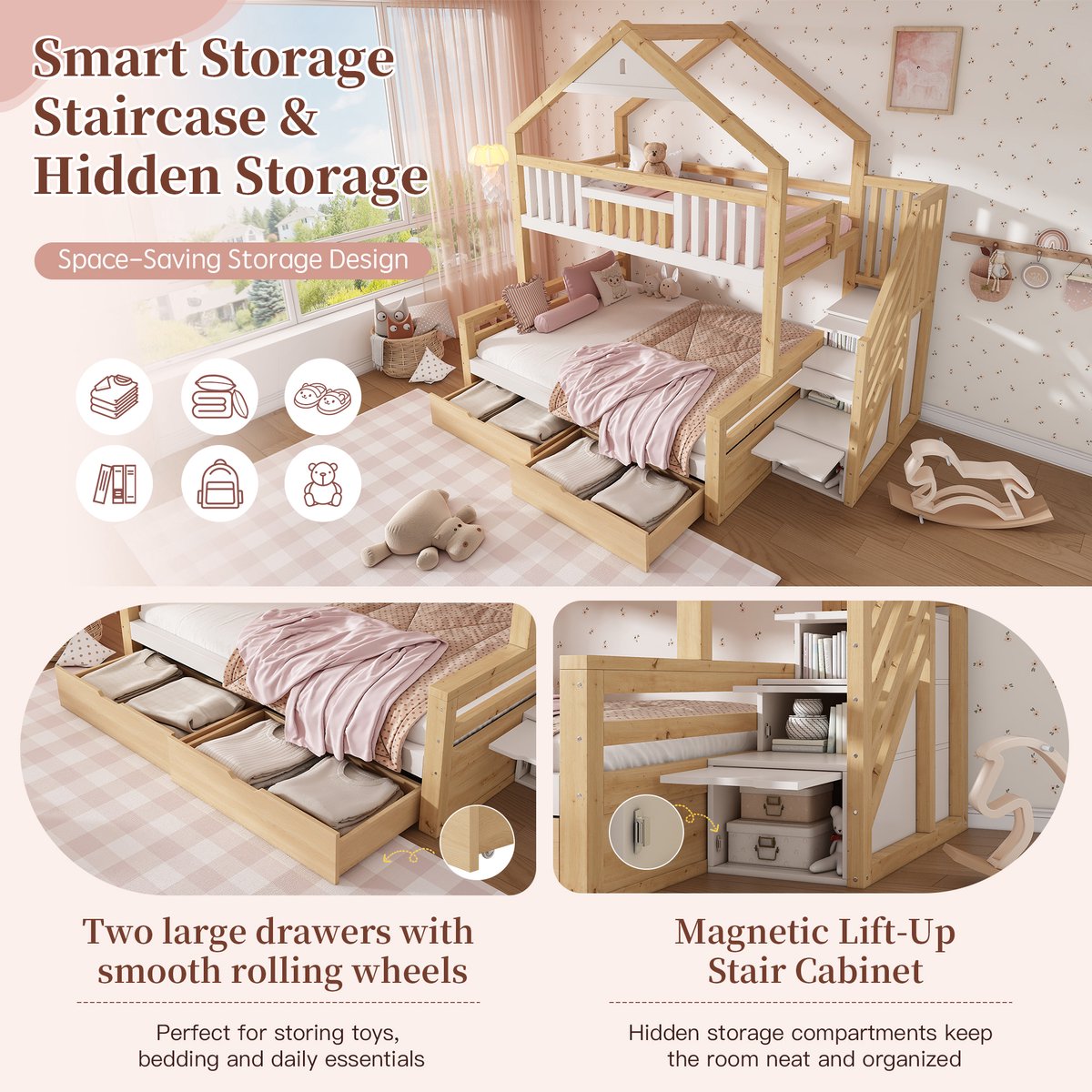 STILVORA Kinderbed Hoog Laag Bed 90x200 En 140x200 Cm Huisbed Met Trap En 2 Laden Opbergruimte Voor Kinderen Hout Wit Eiken Zonder Matras Eikenhout