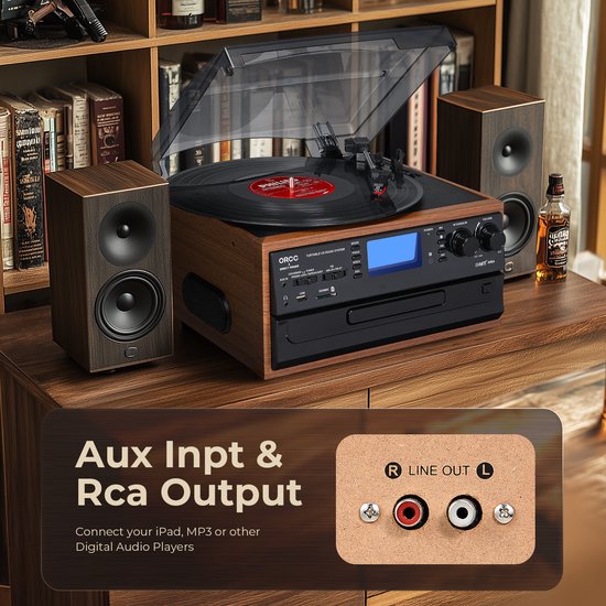 ORCC 10-in-1 Platenspeler Vintage - Bluetooth Vinyl Platenspeler met CD, USB, SD, AUX, RCA, Ingebouwde Stereo Speakers, Afstandsbediening, 33/45/78 RPM en Houten Behuizing - Bruin — afbeelding 3