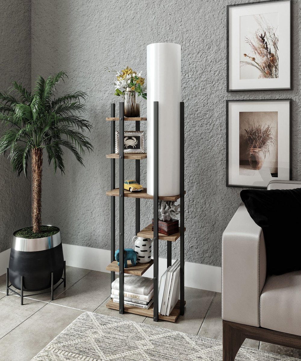 Asir - Vloerlamp - Zwart, Wit, Natuurlijk - 25 x 45 x 160 cm