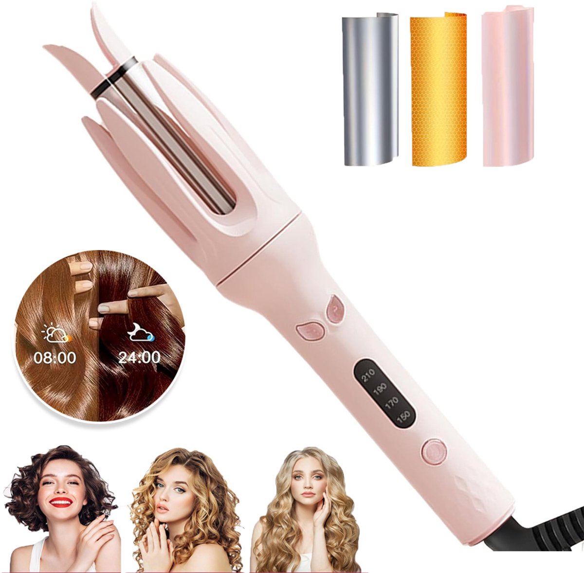 Automatische Krultang Met één Knop 4 Temperatuurstanden En LCD-Scherm - 28 mm Keramische Krulcilinder Snelle Opwarmtijd Van 40 Seconden 360° Draaibaar Snoer Dubbele Spanning 100-240V - Salon Beach Waves - Roze