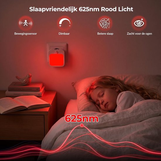 2 Stuks Stopcontact Nachtlampje met Bewegingssensor, 625 nm Rood LED Licht, Dimbaar, Slaapbevorderend, voor Kinderkamer, Slaapkamer, Gang en Trap, Energieklasse G — afbeelding 5