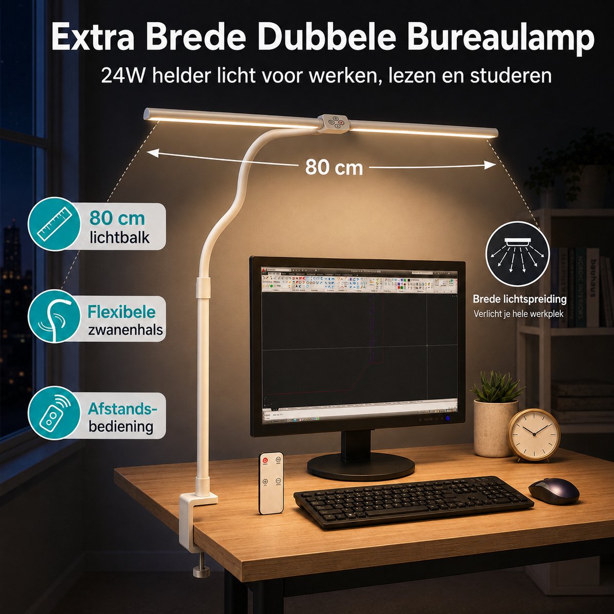 Lapamax Bureaulamp LED Dimbaar met Klem Ø80 cm-Werklamp met Dubbele Lichtkop 180° Verstelbaar thumbnail 6