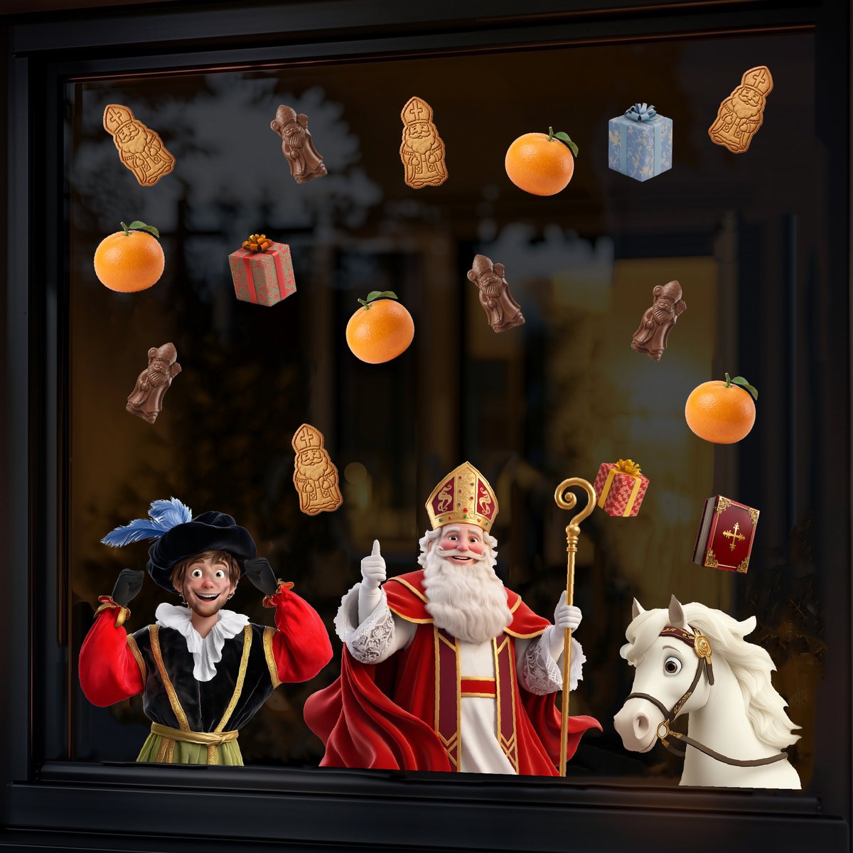 Raamstickers Sinterklaas / Sint-Nicolaas MEDIUM set België - Statische herbruikbare Sinterklaas stickers