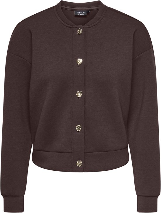 Bruine sweater met ronde hals, lange mouwen en gouden knopen.