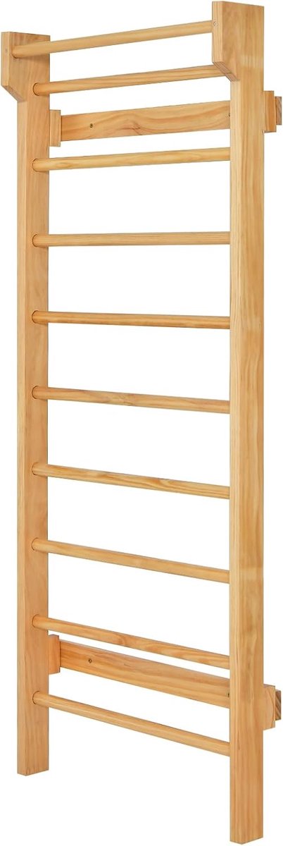 COSTWAY Houten klimwand, klimwand met optrekstang en 10 sporten, turnwand, sporttoestel, 150 kg belastbaar, klimrek voor binnen voor volwassenen en kinderen, 195 x 81 x 14 cm