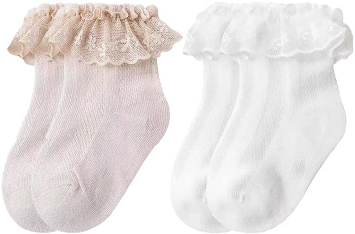 Doopsokken 2 paar - Kanten Sokken met Ruches - Sokken voor Meisjes - Enkelsokken - Antislip - Zachte Naden