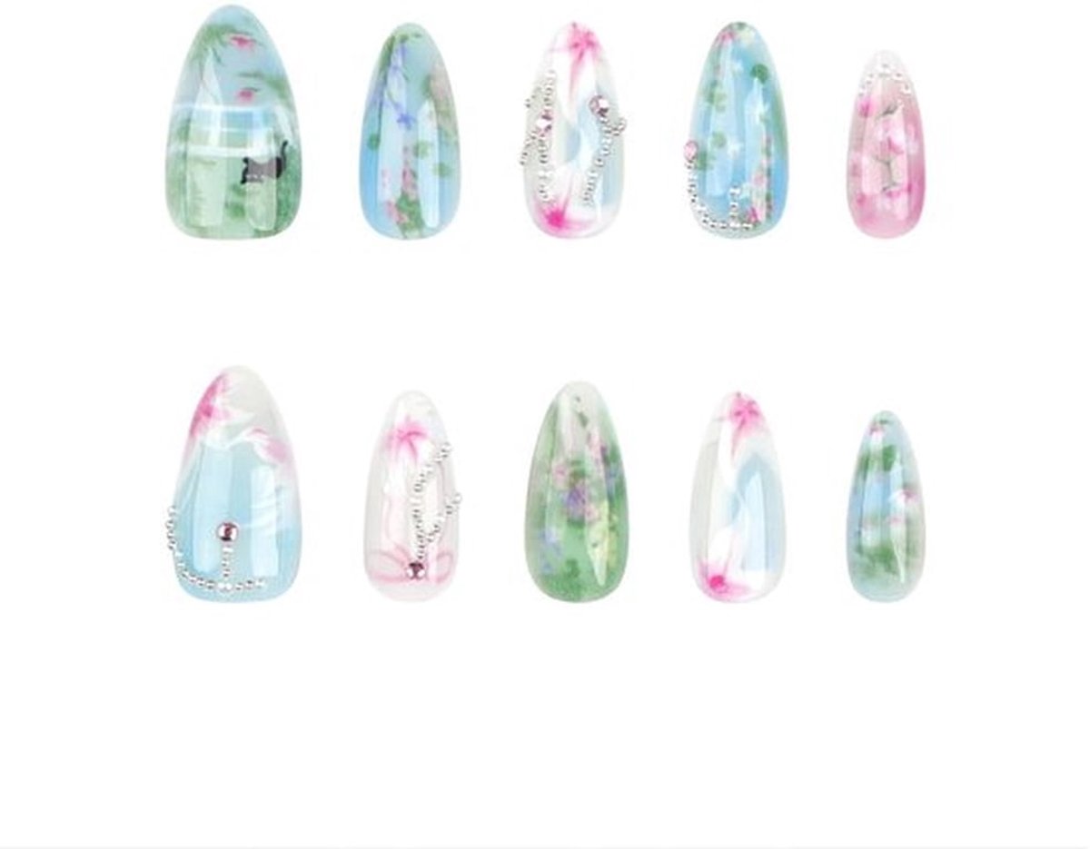 Nepnagels Amandelvorm - 24 Stuks - Plaknagels met Lijm - Schattige Kat Bloem Ontwerp - Volledige Dekking - Handgemaakt Acrylnagels - Kunstnagels