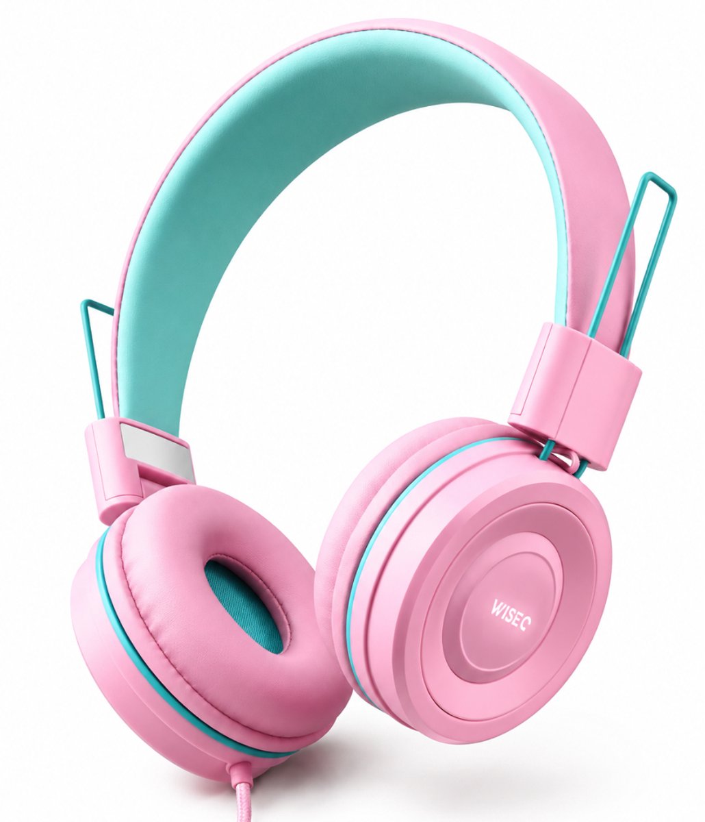 WiseQ Geluidsdempende Koptelefoon voor Kinderen met Draad – Volumebegrenzer 85dB - vanaf 3 tot 15 jaar – Extra Stevige Koptelefoon voor Kinderen – Roze / Unicorn-Bubblegum