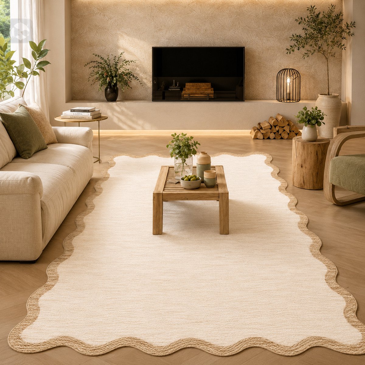 Modern minimalistische vloerkleed met golfrand - wasbaar, anti-slip, laagpolig - 1300 g/m² - voor woonkamer, slaapkamer, eetkamer