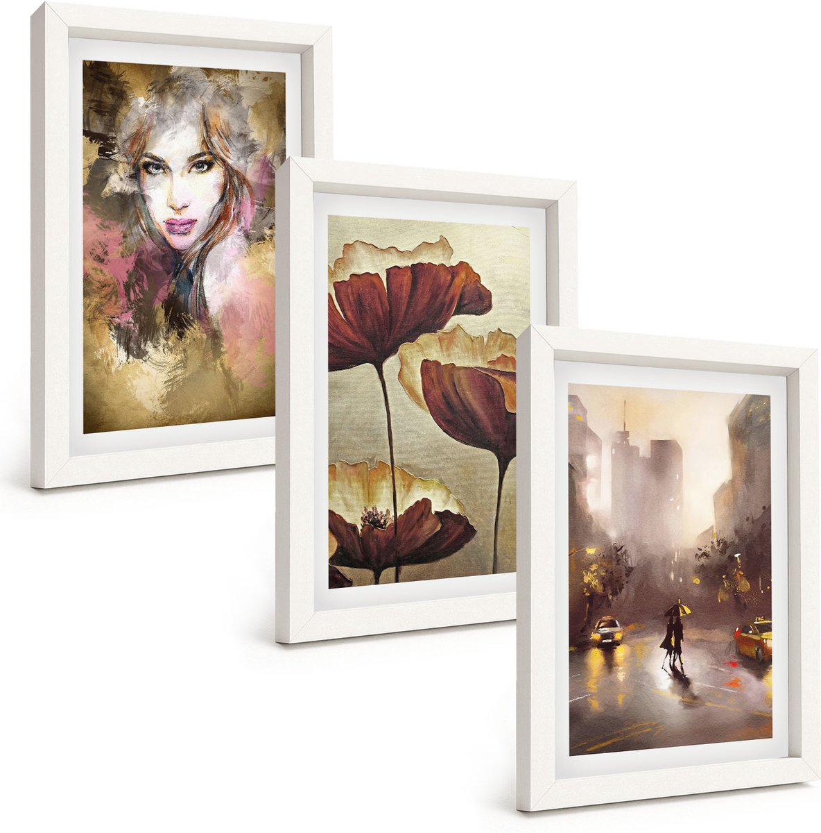 Wallfluent 3-Delige Schilderij Set - Abstract Portret Van Een Vrouw Met Bloemen In Een Stad In De Regen. - 20 x 30 - Decoratieve Schilderijen - Wanddecoratie - Hal - Interieur Decoratie
