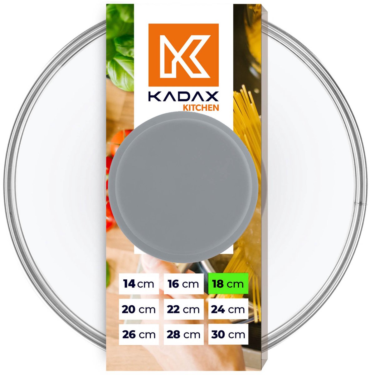 KADAX Glazen Deksel Met Handvat Van Siliconen, Hittebestendig Voor Pan, Diameter 14-30 cm, Met Stoomgat, Universeel in Verschillende Maten, Licht, Rond (18 cm, Grijs)