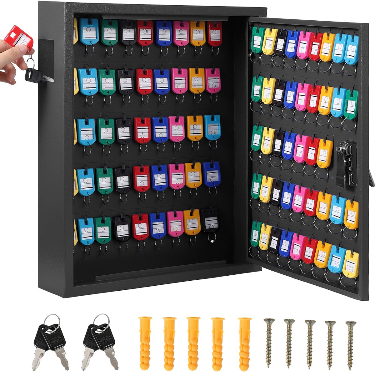 HoerFuriy - Wandgemonteerde Sleutelkast Met Slot - Zware Stalen Sleutelopbergkast - Genummerde Haken En Gekleurde Sleutelhangers - Zwart 88 Hooks
