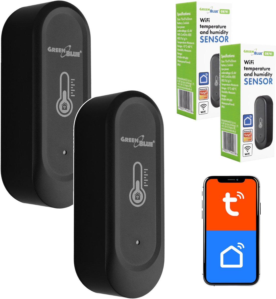 GreenBlue - 2 stuks WiFi-buitenvochtigheids- en temperatuursensor, Android/iOS, 3,0 V DC, LR03x2, IP65, GB741