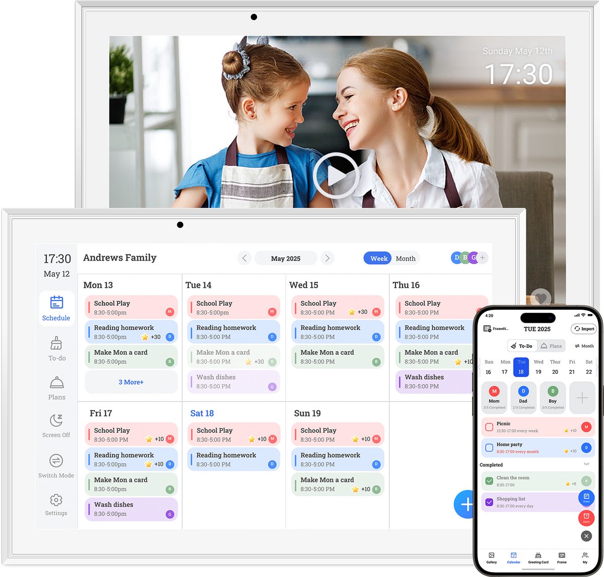 Slimme Digitale Kalender 10.1 Inch Touchscreen - Familie Planner & Fotolijst - WiFi - Sync met Google, iCloud & Outlook - Wit - Digitale Wandkalender