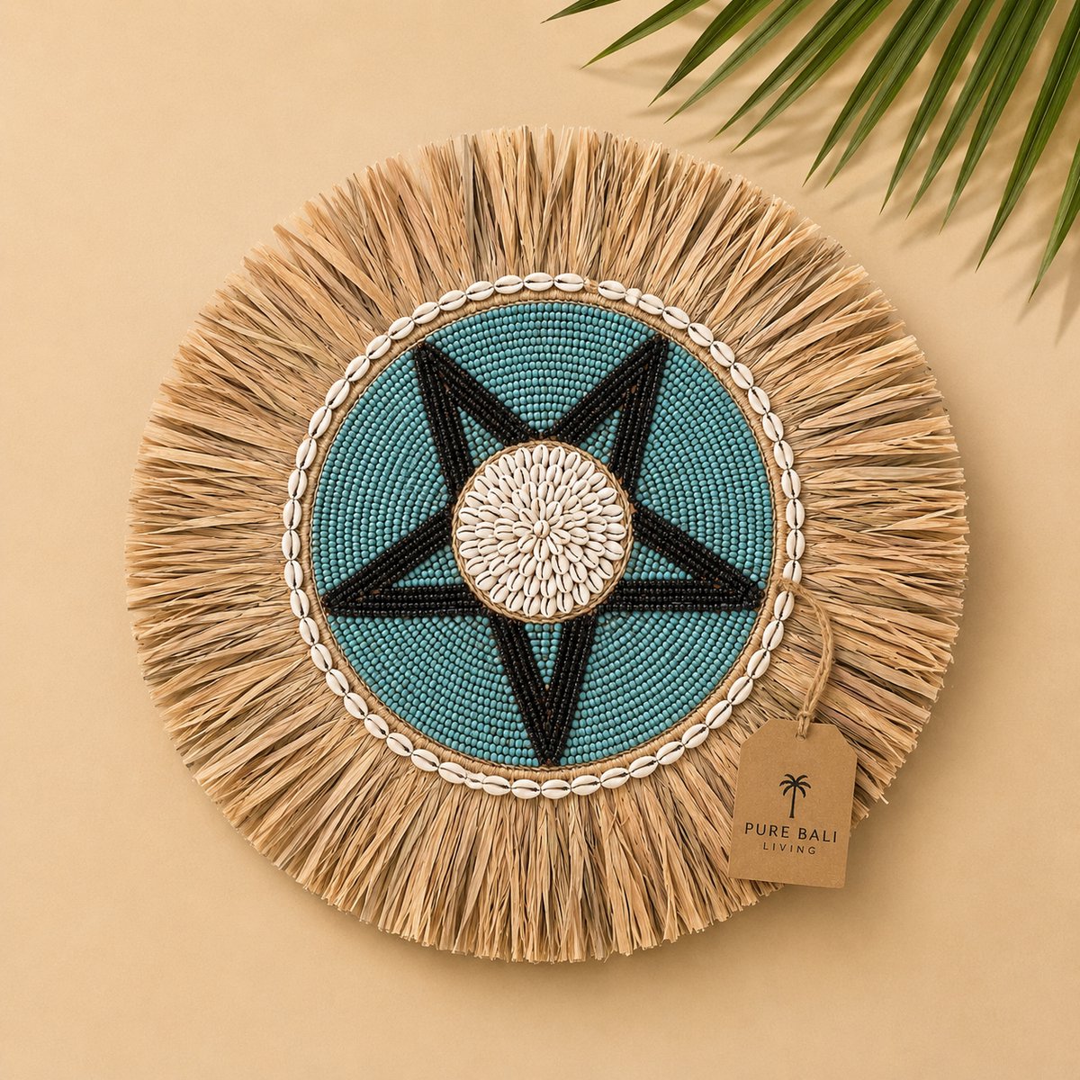 Pure Bali Living Wanddecoratie – Wandbord Turquoise & Zwart – Schelpen & Kralen – Handgemaakt – 50 cm
