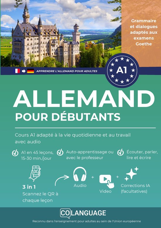 Bannière pour 'Apprendre l'allemand pour débutants': Château de Neuschwanstein, texte en français, Cours A1, grammaire et dialogues pour examens Goethe.