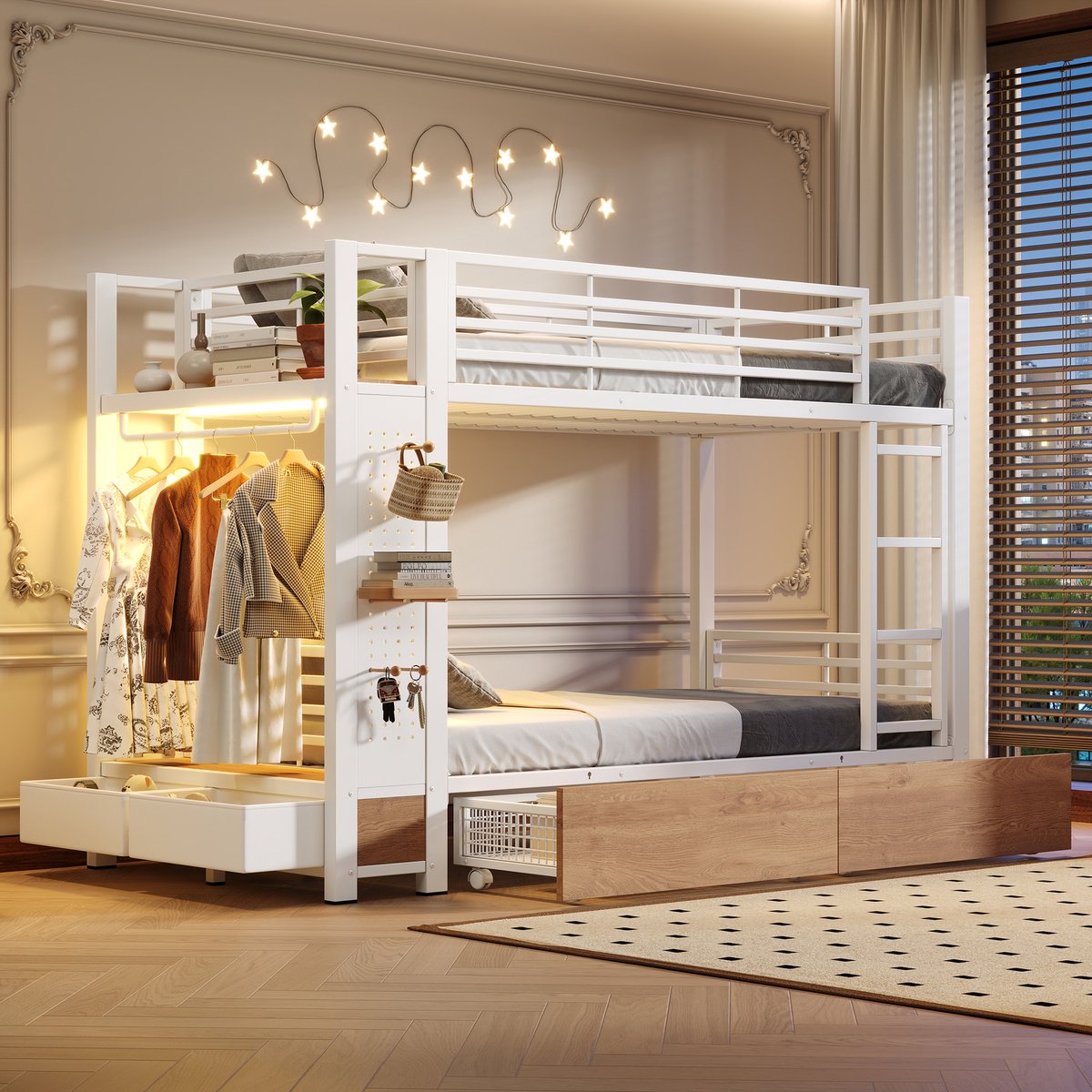 Stapelbed 90 X 200 cm, Kinderbed, IJzeren Frame, 4 Lades, Meerdere Planken, Met Led-Lichtstrip, Met Kledingstang, Matras Niet Inbegrepen, En747-Gecertificeerd, Wit