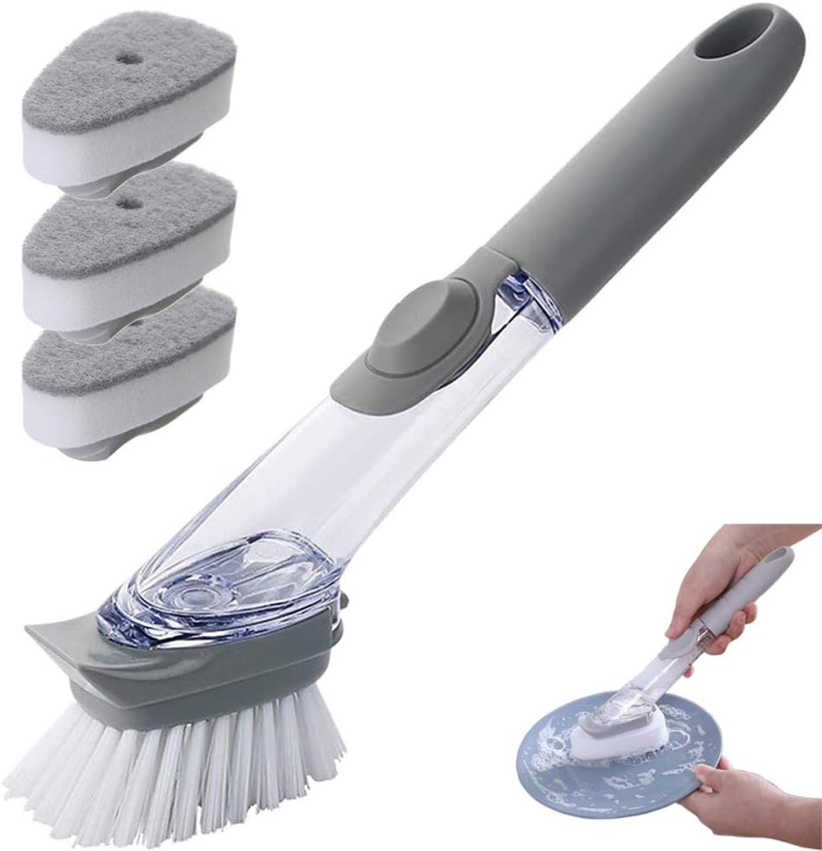 3-in-1 Reinigingsborstel met Wasmiddeldispenser - Afwasborstel met 3 Sponzen voor Efficiënte Afwas - Grijs