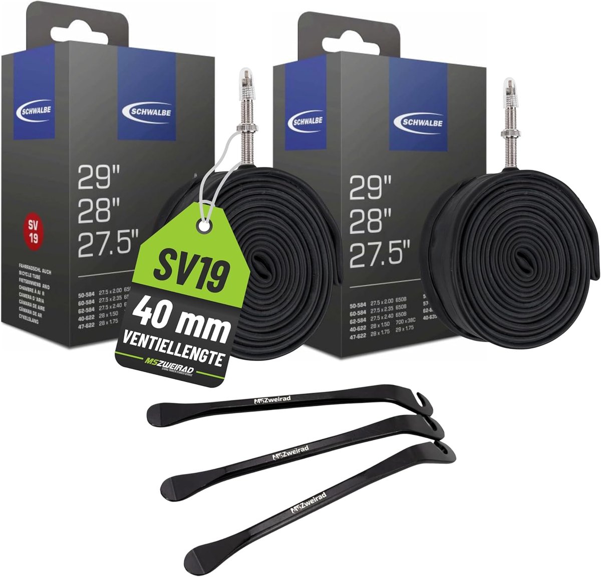 SnelShoppen - 2 x Fietsbuitenbanden Binnenband 27.5 28 29 inch SV 40 mm + 3 Tyre Levers voor Fietsen