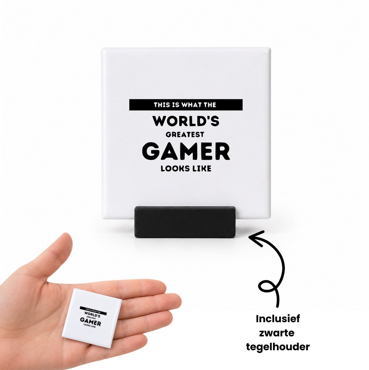 Hacebo Dit is werelds beste gamer eruit ziet tegeltje met tegelhouder - Gamen - Familie vrienden - tegeltjes met tekst - Cadeau - spreuktegels - 4.8x4.8 CM Wit