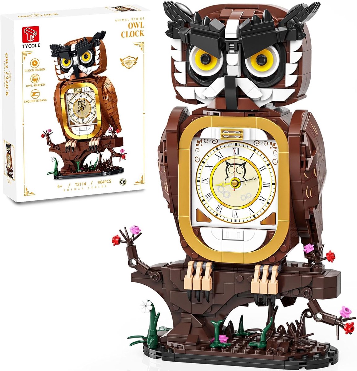 SnelShoppen - TYCOLE Uil Klok Bouwset met Werkende Klok, Creatieve Constructie Speelgoed voor Kinderen 6+, Retro Decoratie, 964 Onderdelen, Perfect Ca