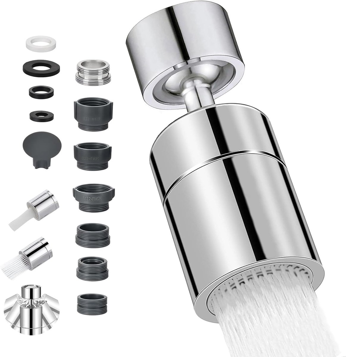 SnelShoppen - Keuken Kraanopzetstuk 360° Draaibaar met 2 Functie Modes, 4-Lagen Filtering en 5 Adapters voor Keuken en Badkamer Wastafel - Zilver