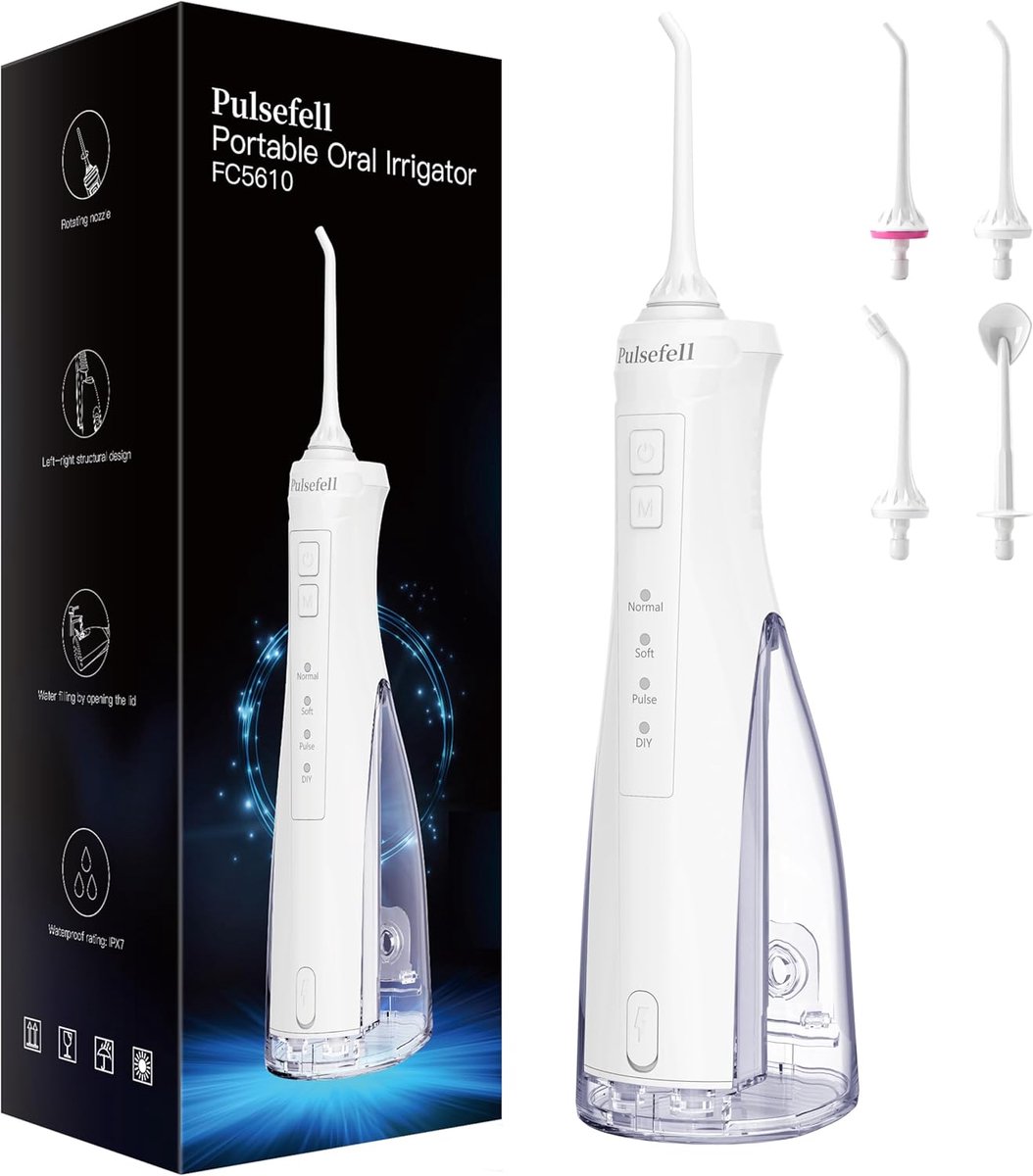 Thijox - Draagbare Monddouche 300 ml USB Oplaadbaar Draadloos Waterflosser met 4 Opzetstukken en 4 Modi IPX7 Waterdicht voor Thuis en op Reis - Wit