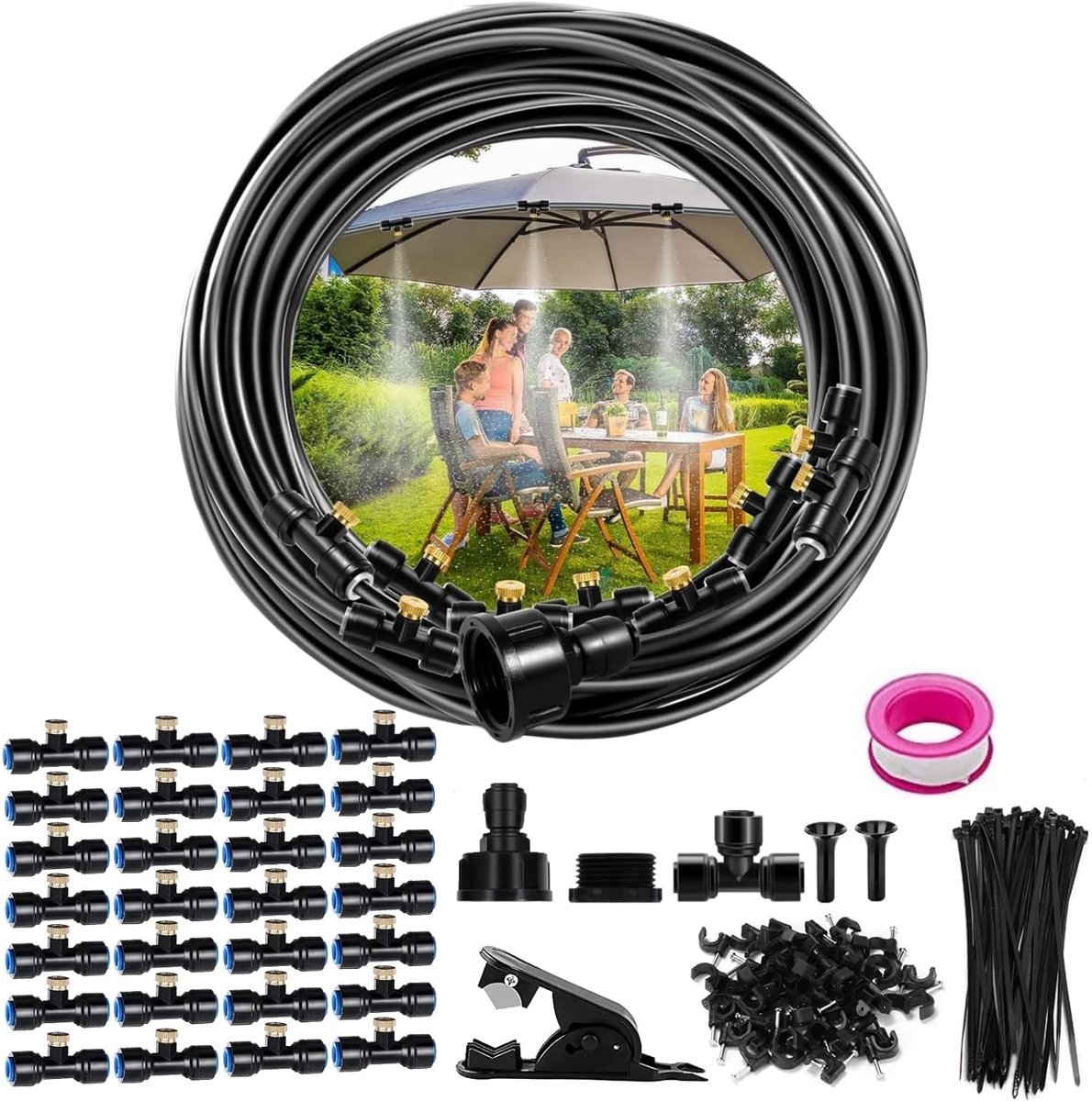 SnelShoppen - Verstuiver voor Terras Buiten - Irrigatieset 24m - 28 Nevelsproeiers - UV-bestendig - Duurzaam PU-materiaal - Perfect voor Tuin, Parasol