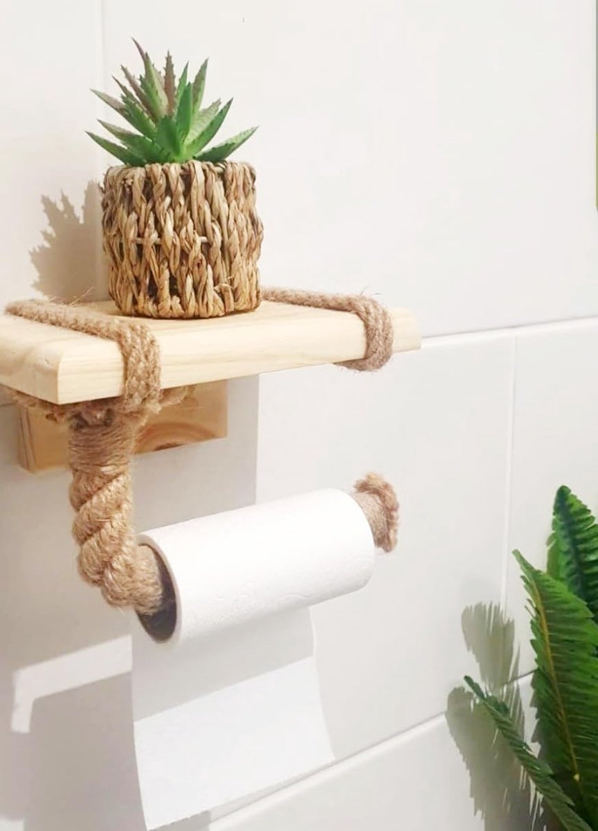 SnelShoppen - Toiletpapierhouder met Plank, Houten Plank en Touw voor Telefoon of Decoratie - Industrieel, Nautisch, Chic - Wandbevestiging