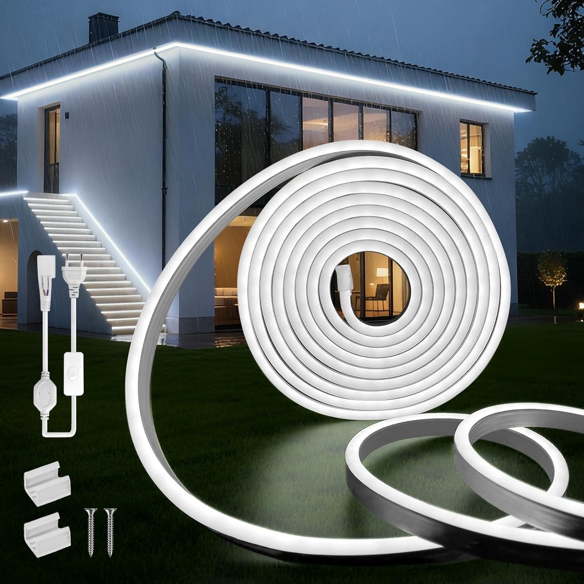 SnelShoppen - Neon LED Strip 10m - Waterproof 6000K Koud Wit Licht - 120 LED/M Flexibele DIY Striplicht voor Buiten, Tuin, Feest, Keuken, 220V