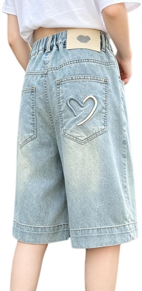 Kraftverdia® Jeansshorts voor meisjes elastische tailleband bermudashorts brede pijpen zomershorts knielang 130 Hart(135-145)