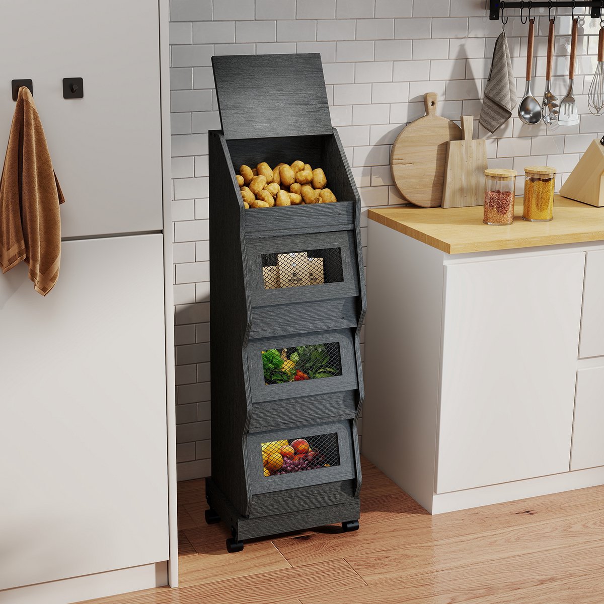 Puluomis - Aardappelen Kabinet - Verplaatsbaar met wielen - 4 verdiepingen - Met deksel - Keuken Opbergkasten - 39x35x125cm - Zwart
