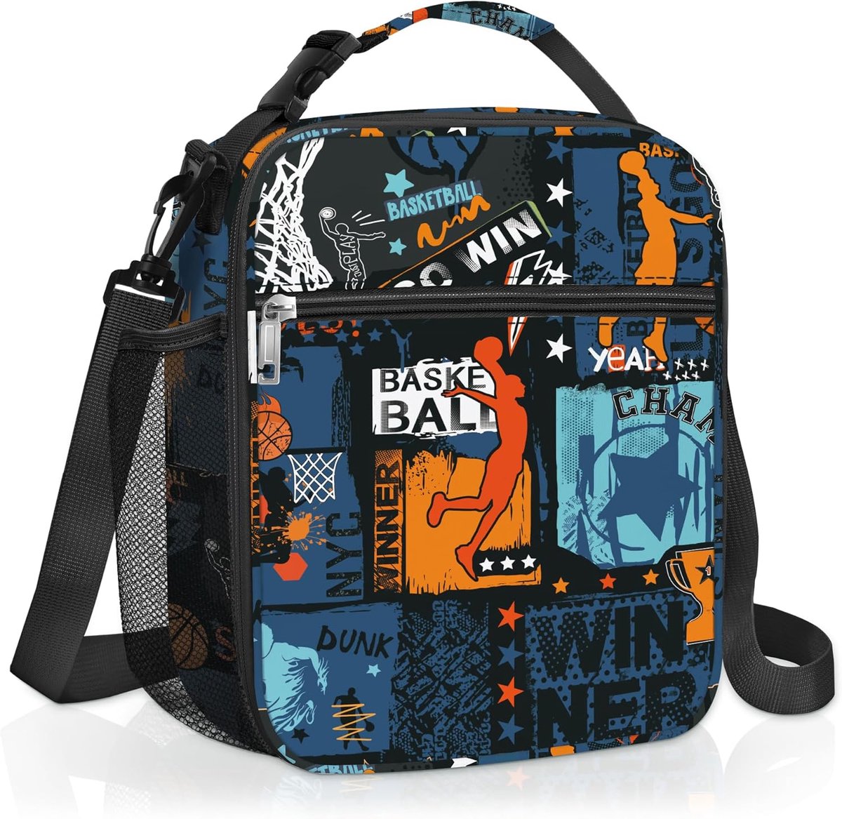 SnelShoppen - Geïsoleerde Lunchtas voor Kinderen - Grote Thermische Koeltas voor Jongen - Picknick & School - Draagtas met Basketbal Thema - Zwarte Lu