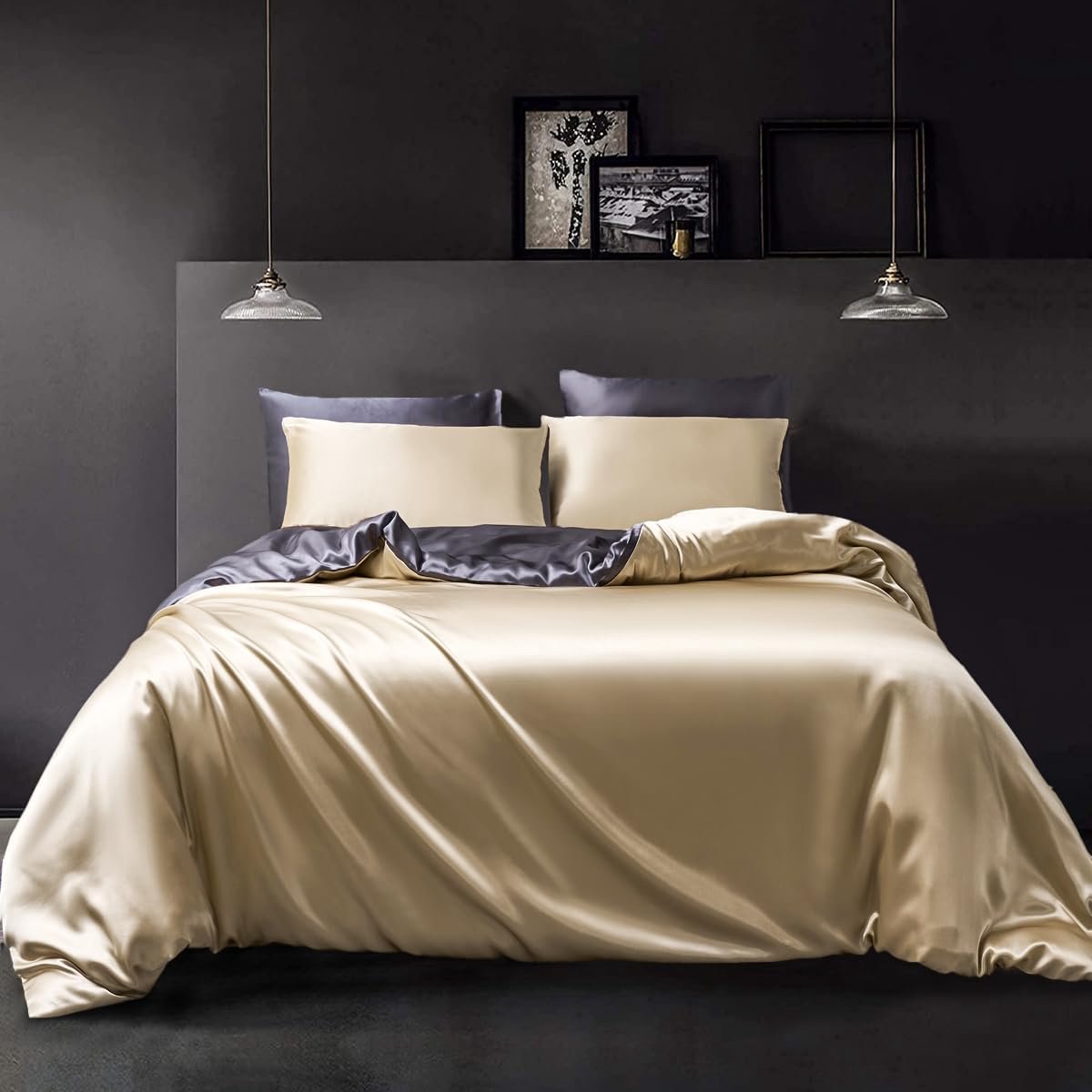 SnelShoppen - Satijnen Beddengoed Set 220x240 cm - Beige Donkergrijs Dekbedovertrek - Effen Zijdeachtig Luxe Draaibaar Met Ritssluiting - 3-delig - Pe