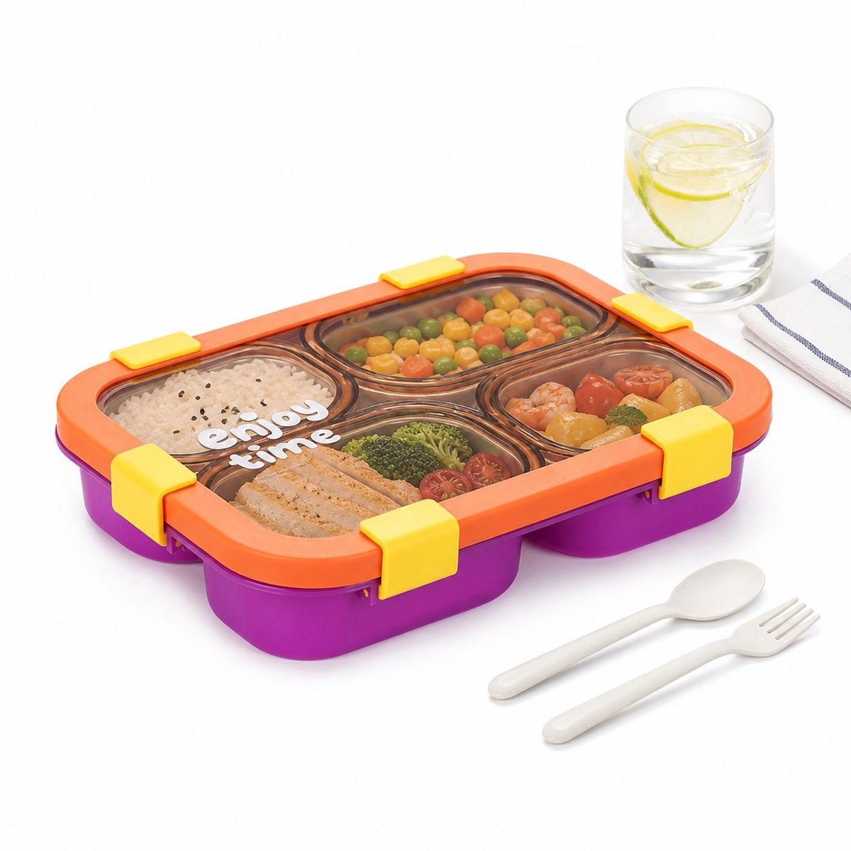 VHV - Broodtrommel - Lunchbox - Lunchbox met 4 Vakken - 1250ml - Serviesgoed niet inbegrepen - Oranje - Bento Box met Bestek - Lekvrije Broodtrommel voor Gezonde Portiecontrole - BPA-vrij - 26.2x19.4x5.8 cm