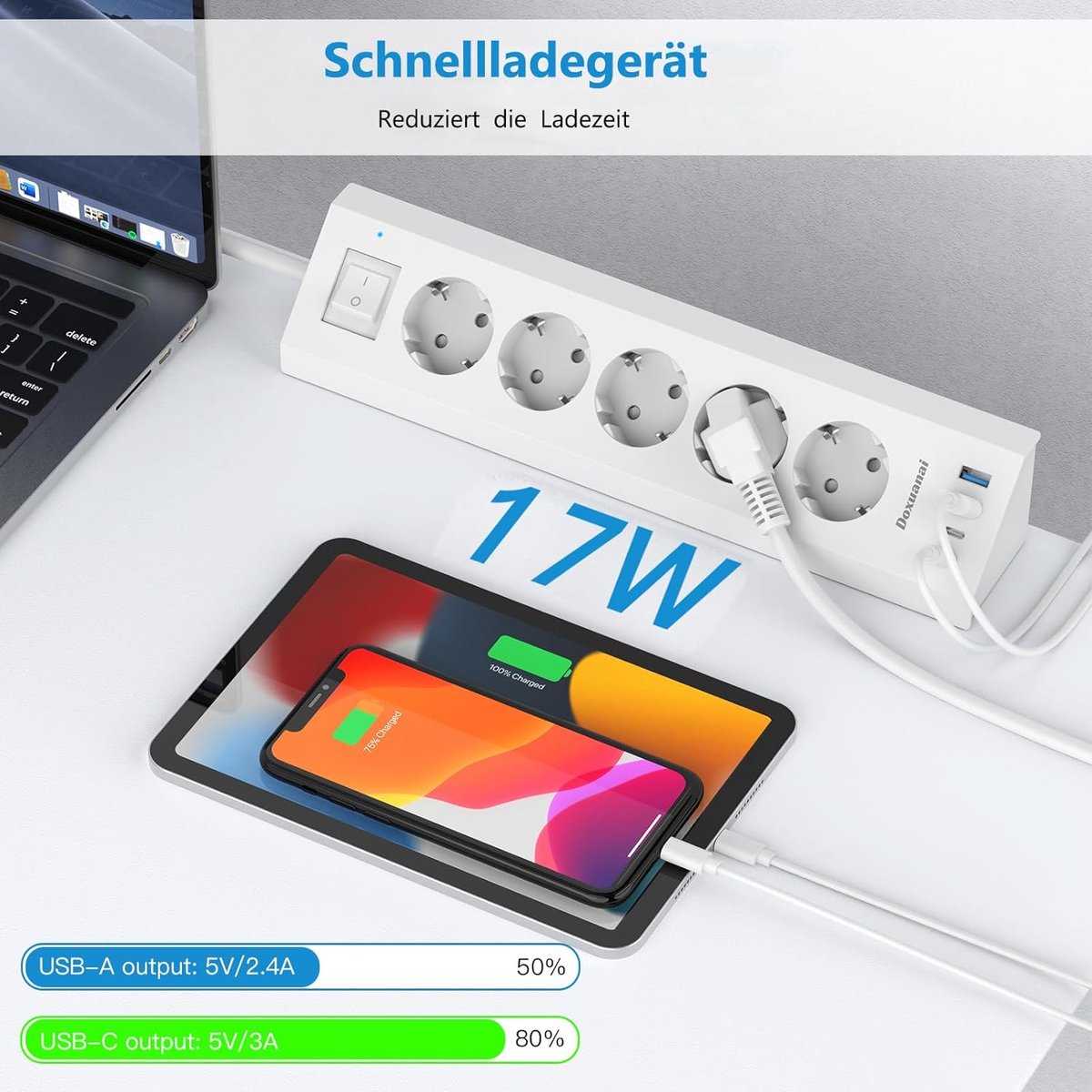 Thijox - USB-C Stekkerdoos met Tafelklem en Schakelaar, 3680W/16A, 5 Stopcontacten, 4 USB-Aansluitingen, 2m Kabel, Overspanningsbeveiliging voor Thuis