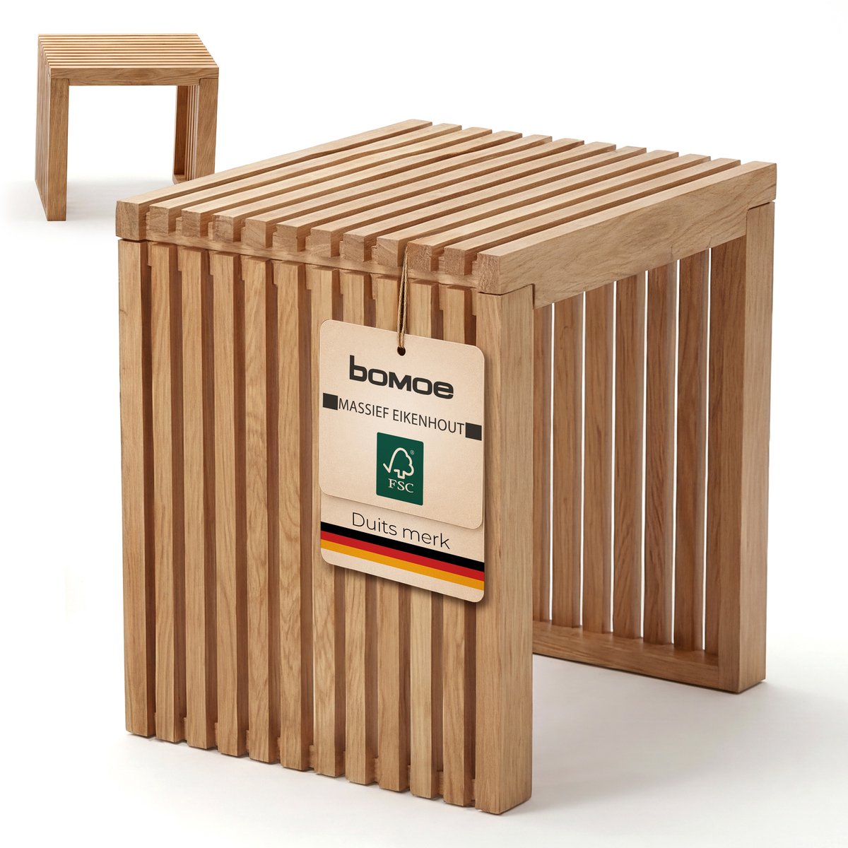 bomoe Eichberg Houten Kruk 45x33x43 cm Eiken MassiefFSC® Houten Kruk met Latten Design voor Hal Badkamer Keuken Zitkruk Compact Stabiel
