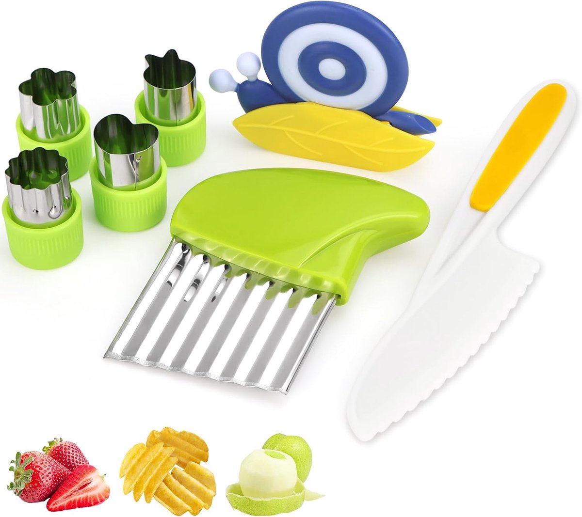 SnelShoppen - Kinderdunschiller 7-delige Set Keramiek, Kindermes, Golfmes, Uitsteekvormen, Keukenset voor Kinderen, Snijden van Groenten en Fruit, Bla