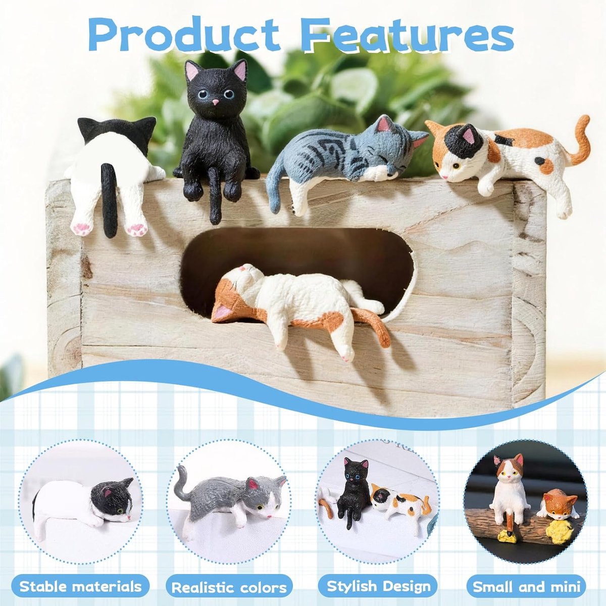 SnelShoppen - 12 stuks kattenfiguren van hars, mini diertjes voor tuin en auto-interieur, schattige decoraties voor verjaardag, vakantie en verhuizing
